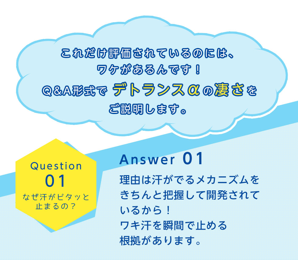 これだけ評価されているのには、ワケがあるんです！
		Q&A形式でデトランスαの凄さをご説明します。
		Question01
		なぜ汗がピタッと止まるの？
		Answer 01
		理由は汗がでるメカニズムをきちんと把握して開発されているから！
		ワキ汗を瞬間で止める根拠があります。