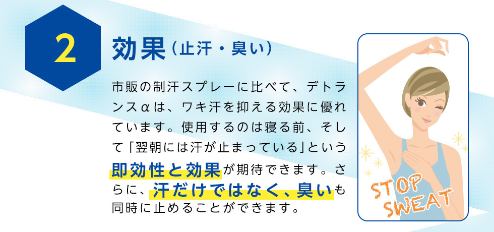 2効果（止汗・臭い）
		市販の制汗スプレーに比べて、デトランスαは、ワキ汗を抑える効果に優れ
		ています。使用するのは寝る前、そして「翌朝には汗が止まっている」という
		即効性と効果が期待できます。さらに、汗だけではなく、臭いも同時に止めることができます。