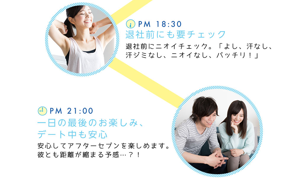 PM 18:30
		退社前にも要チェック
		退社前にニオイチェック。「よし、汗なし、汗ジミなし、ニオイなし、バッチリ！」
		PM 21:00
		一日の最後のお楽しみ、デート中も安心
		安心してアフターセブンを楽しめます。彼とも距離が縮まる予感…？！